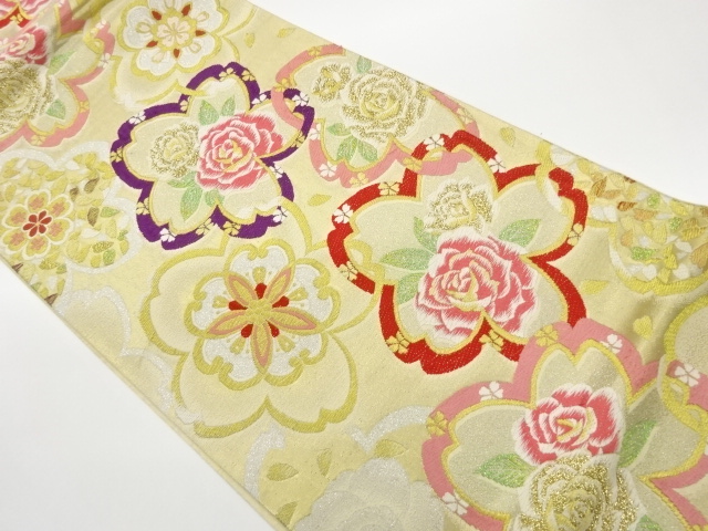 JAPANESE FUKURO OBI / WOVEN SAKURA & FLOWER CREST